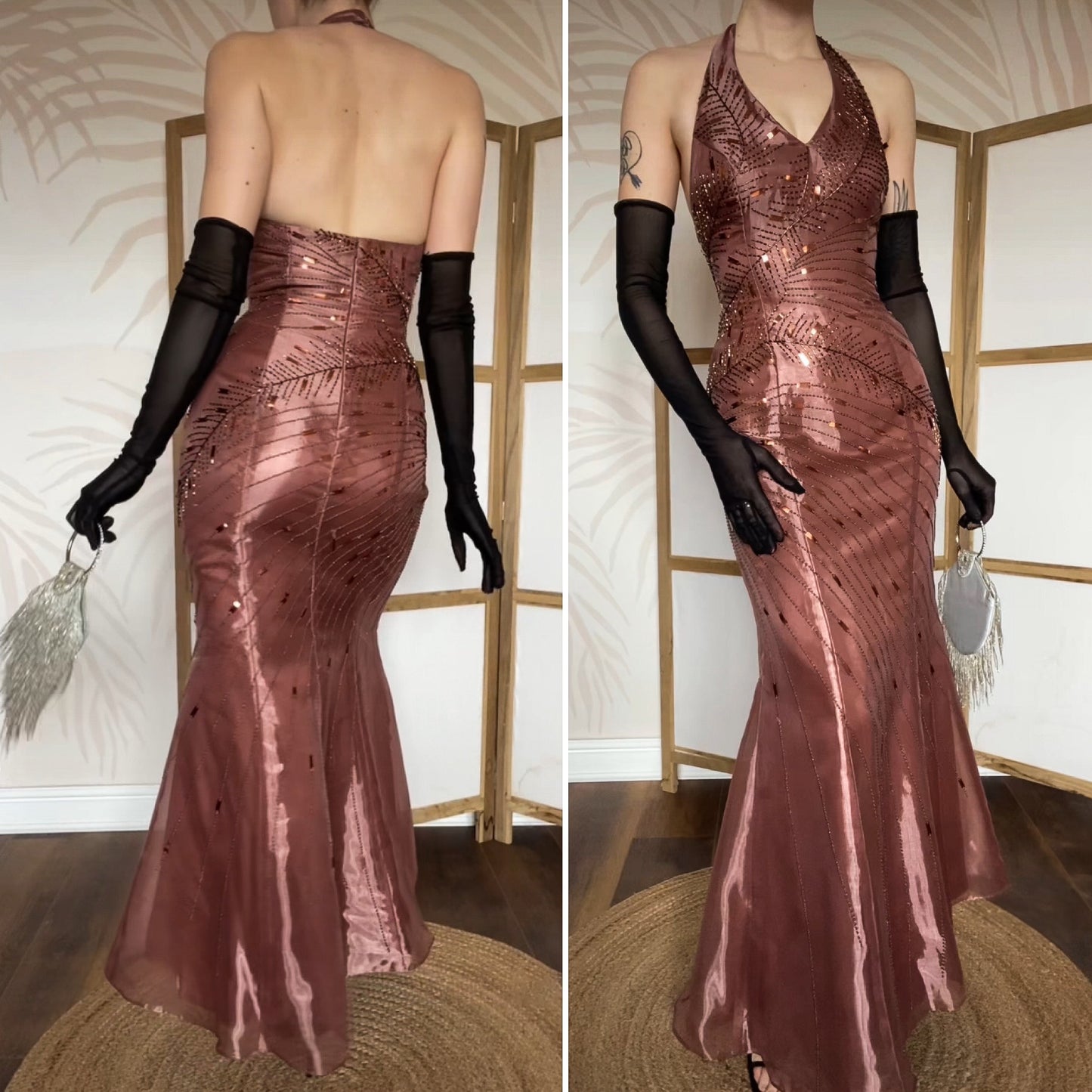 Yve London rose gold beaded halter evening dress UK 12