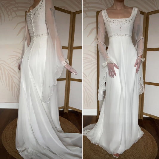 White long sleeve ethereal wedding dress UK 12