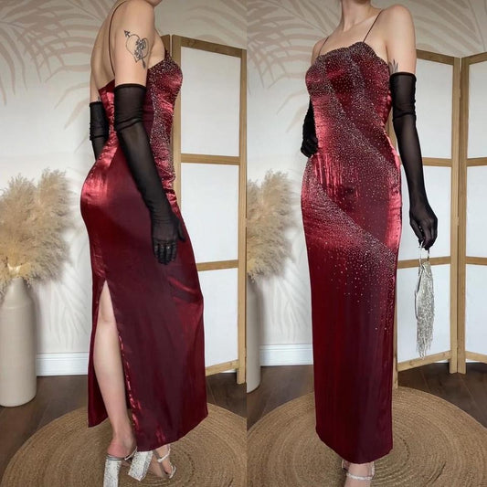 Yve London red shimmery beaded evening dress uk 8-10
