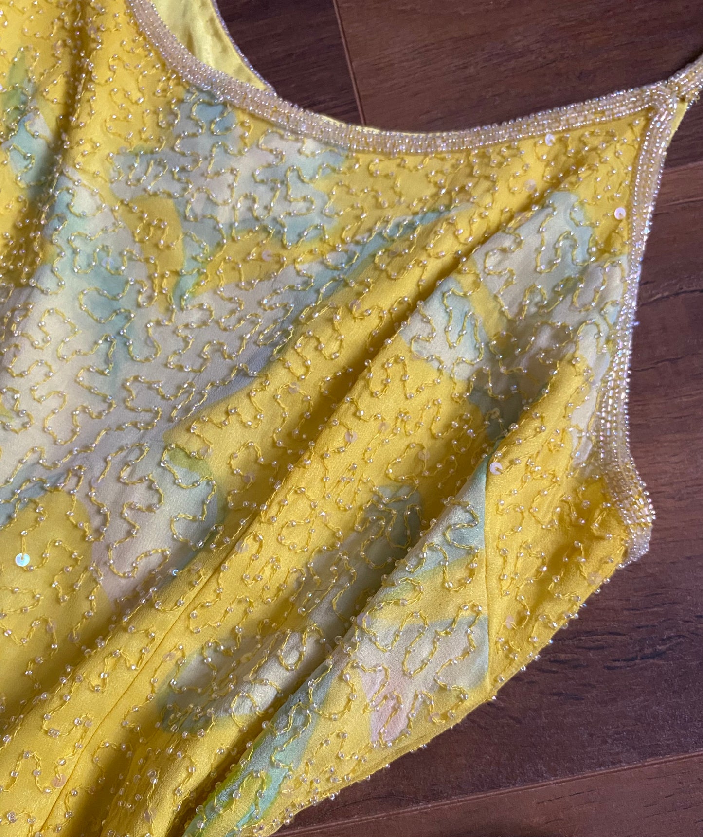 Bright yellow After Six beaded 100% silk evening dress uk 12-14