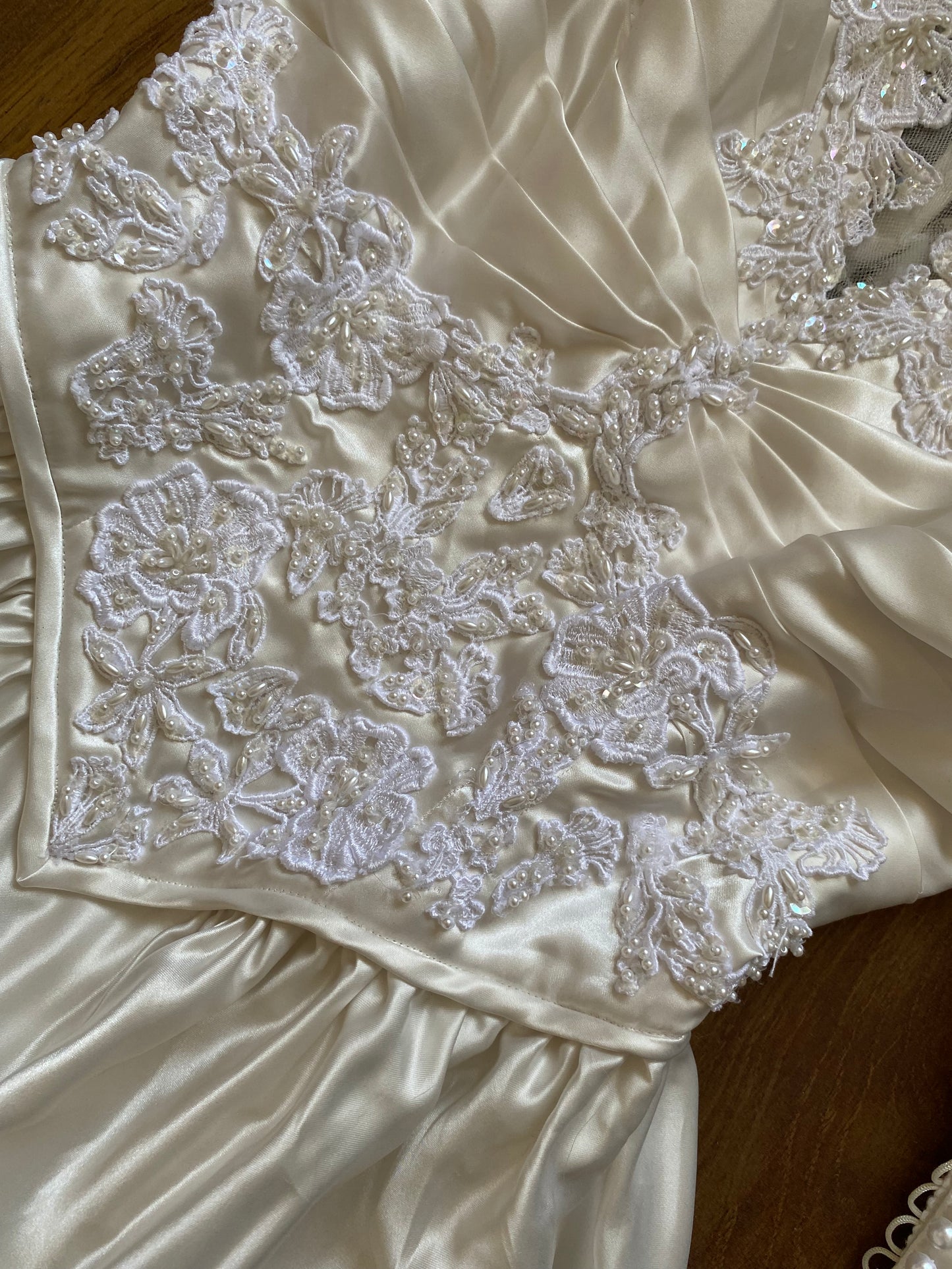 Ivory satin 80s lace & pearl wedding dress UK 12