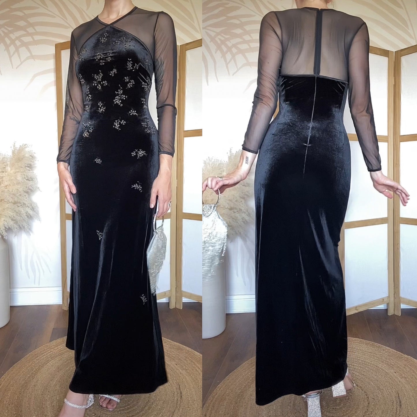 Gina Bacconi black velvet long sleeve evening dress uk 14
