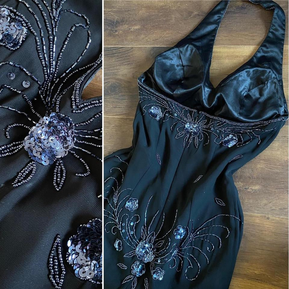 May Queen black beaded halter-neck evening dress uk 10