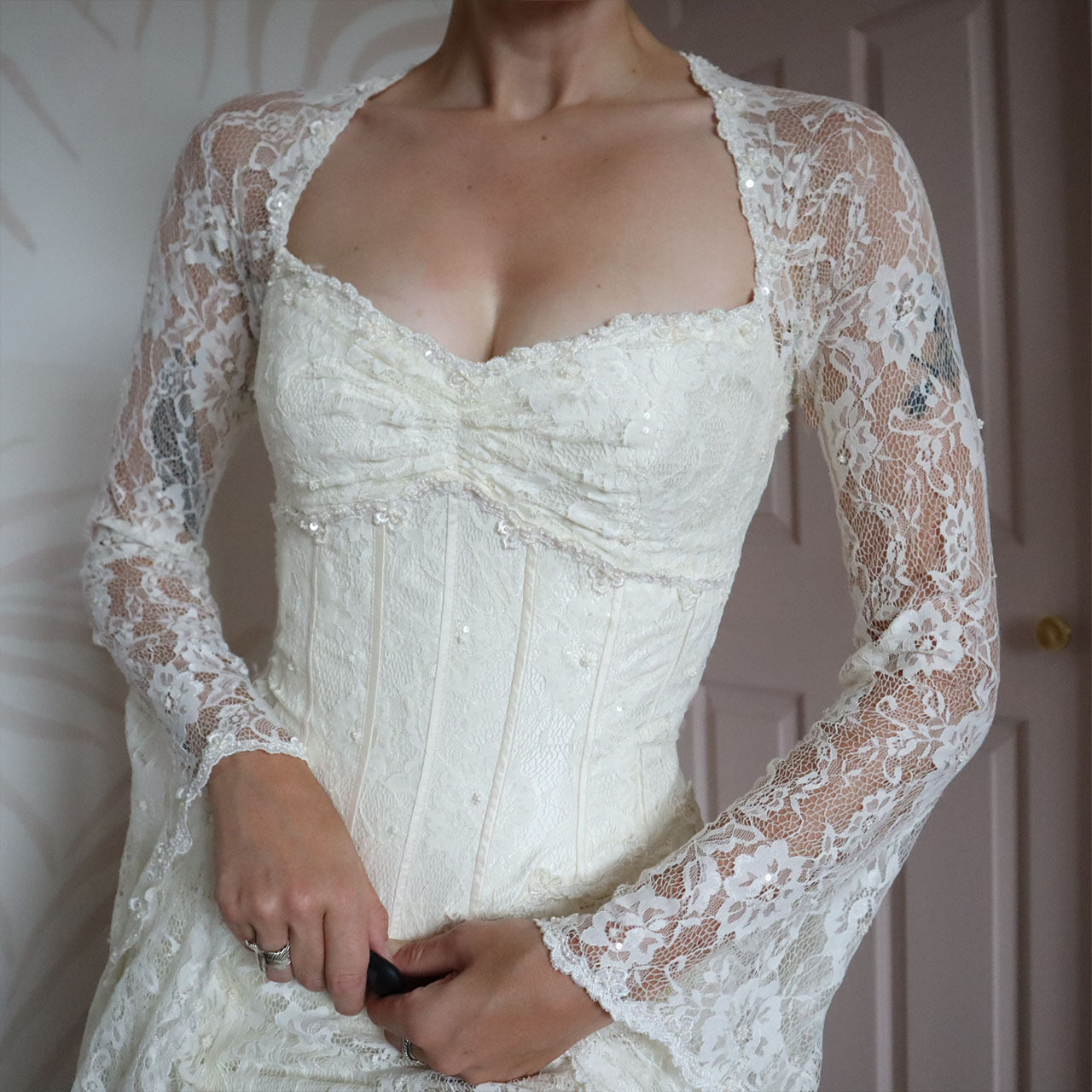 Ian Stuart ivory lace long sleeve wedding dress UK 10