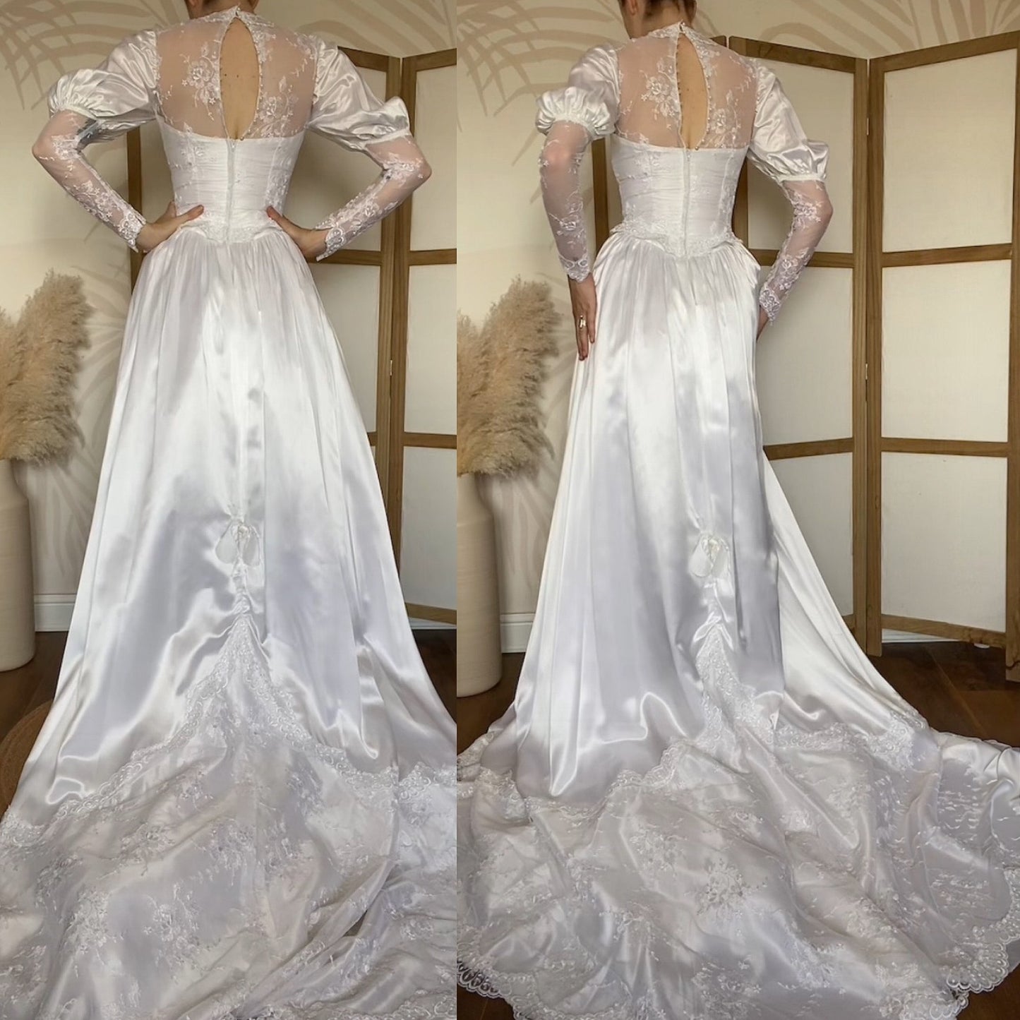 White satin & lace 80s wedding dress UK 6/XS