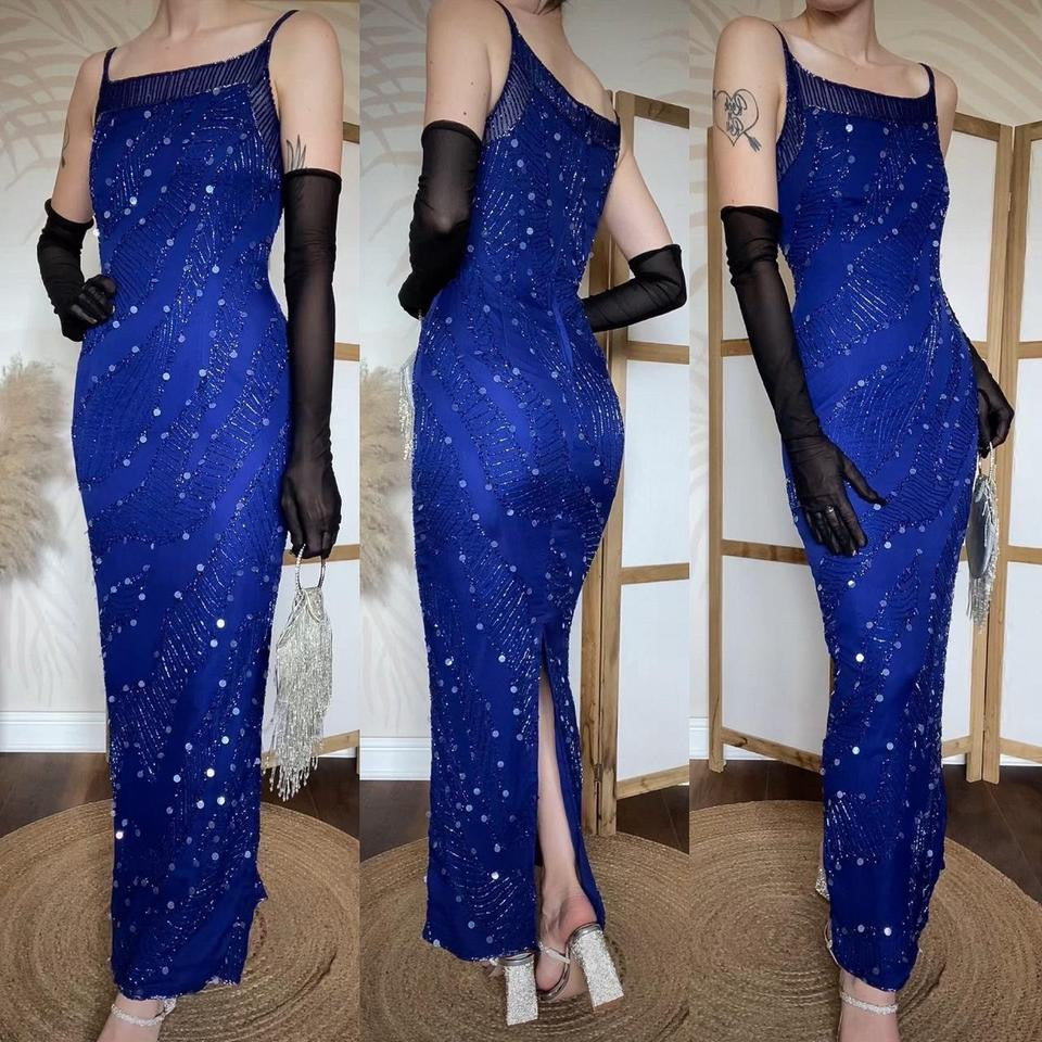 Electric blue 100% silk bead/sequin evening dress uk 8-10
