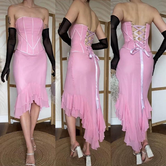 Baby pink silk strapless corset evening dress uk 8
