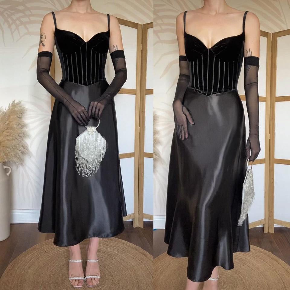 Simon Ellis black velvet/satin midi dress uk 10-12