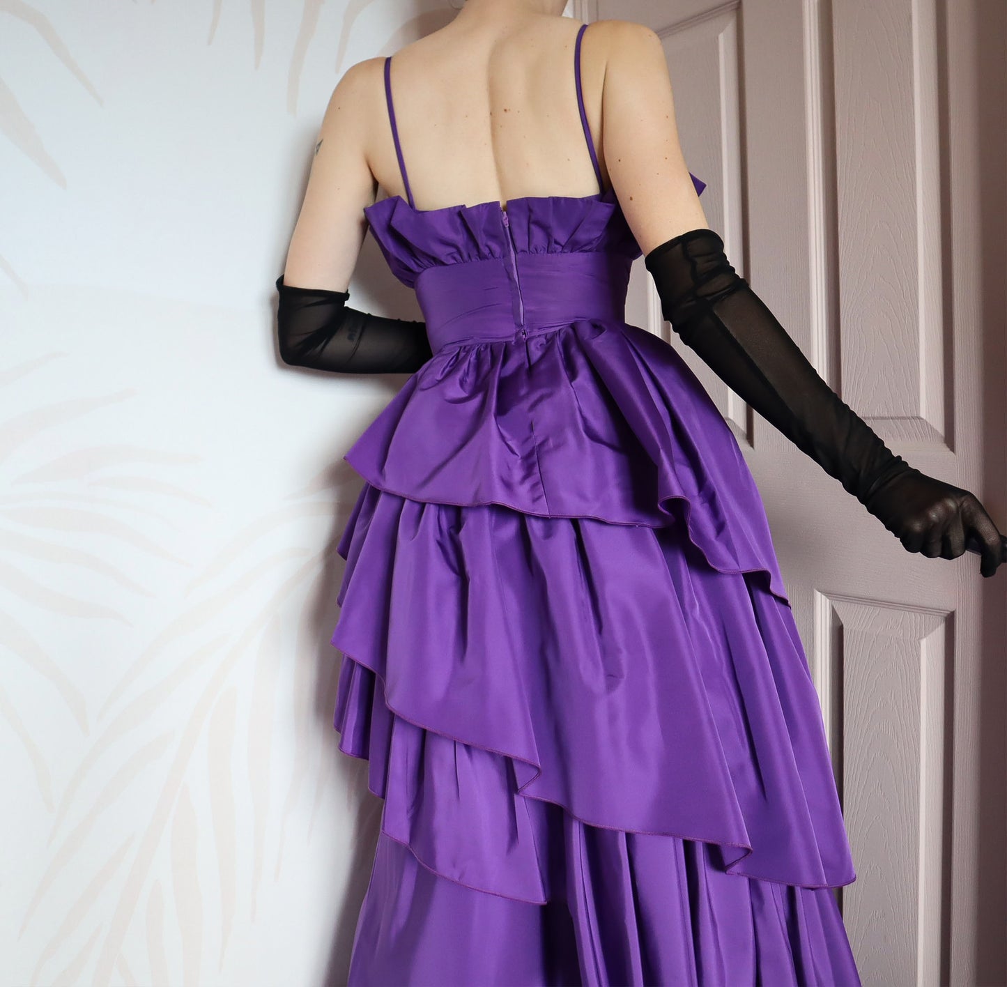 80s John Charles purple flared evening gown UK 12