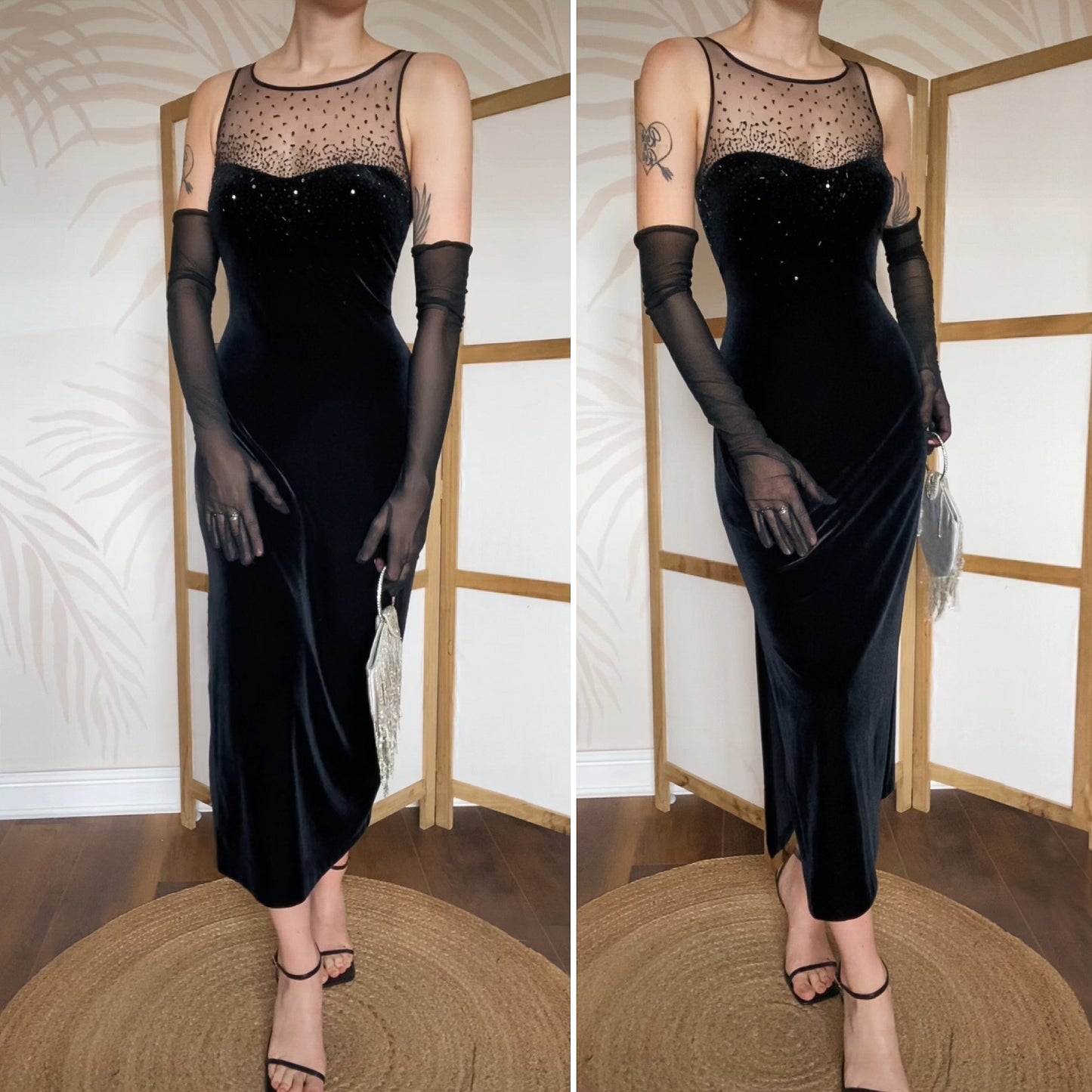 Black velvet Debut stretch beaded evening dress uk 12