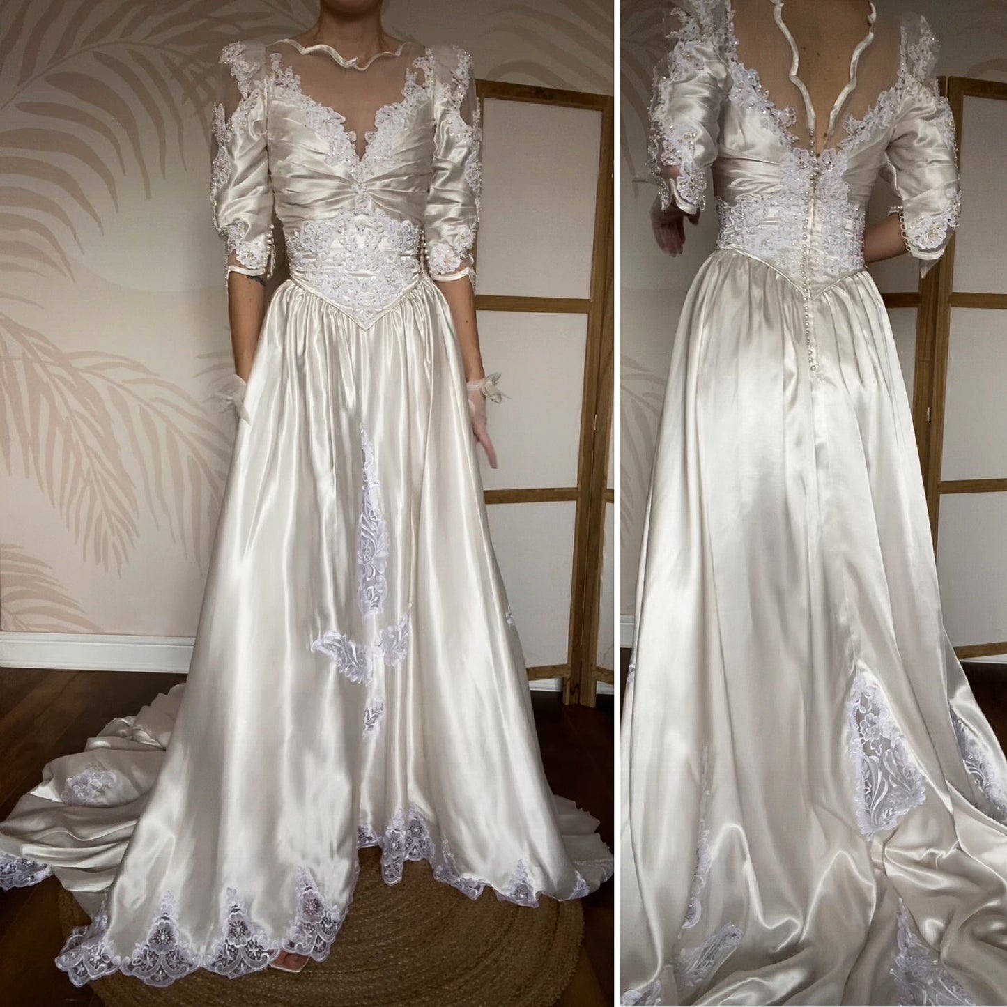 Ivory satin 80s lace & pearl wedding dress UK 12