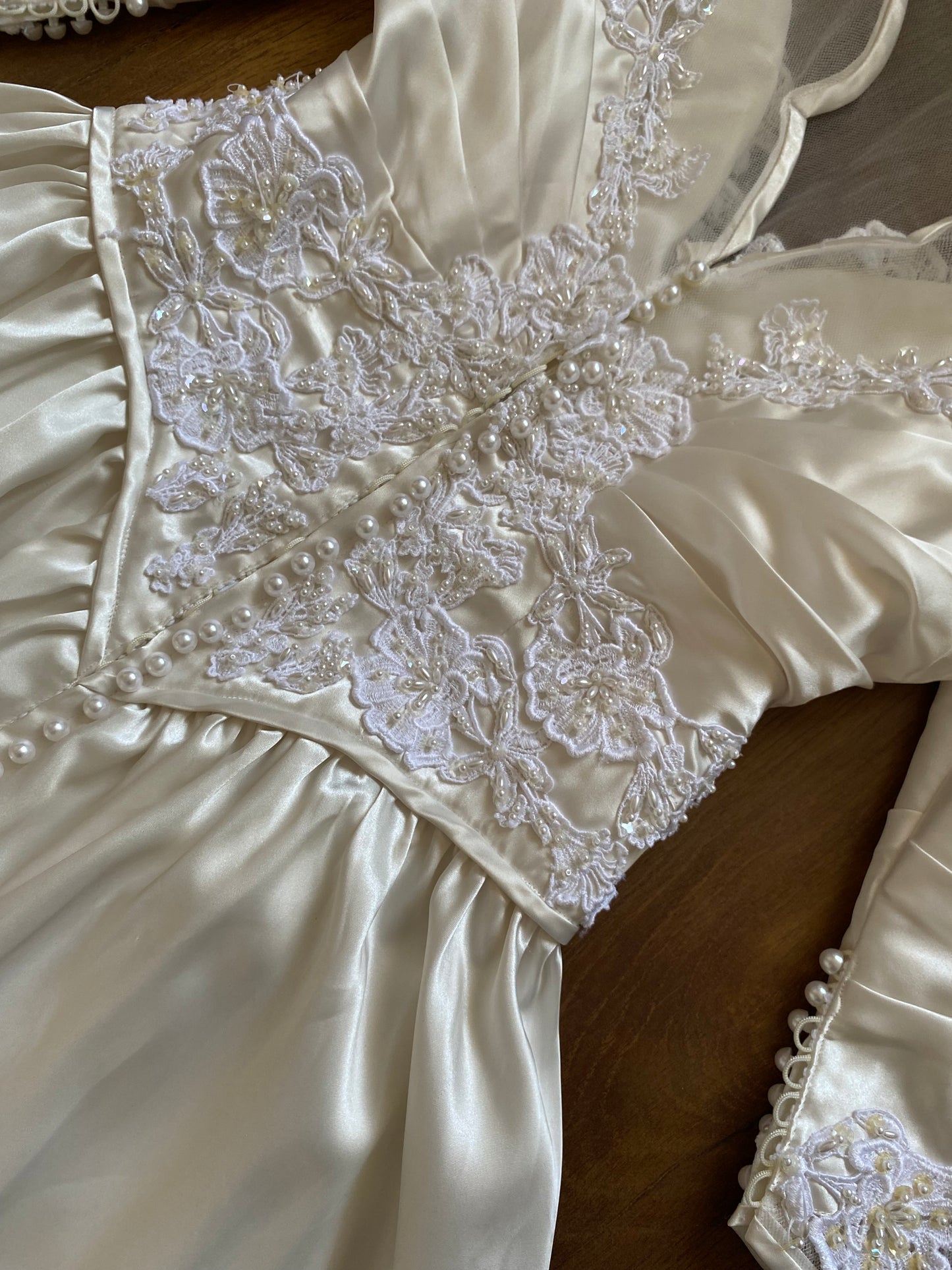 Ivory satin 80s lace & pearl wedding dress UK 12