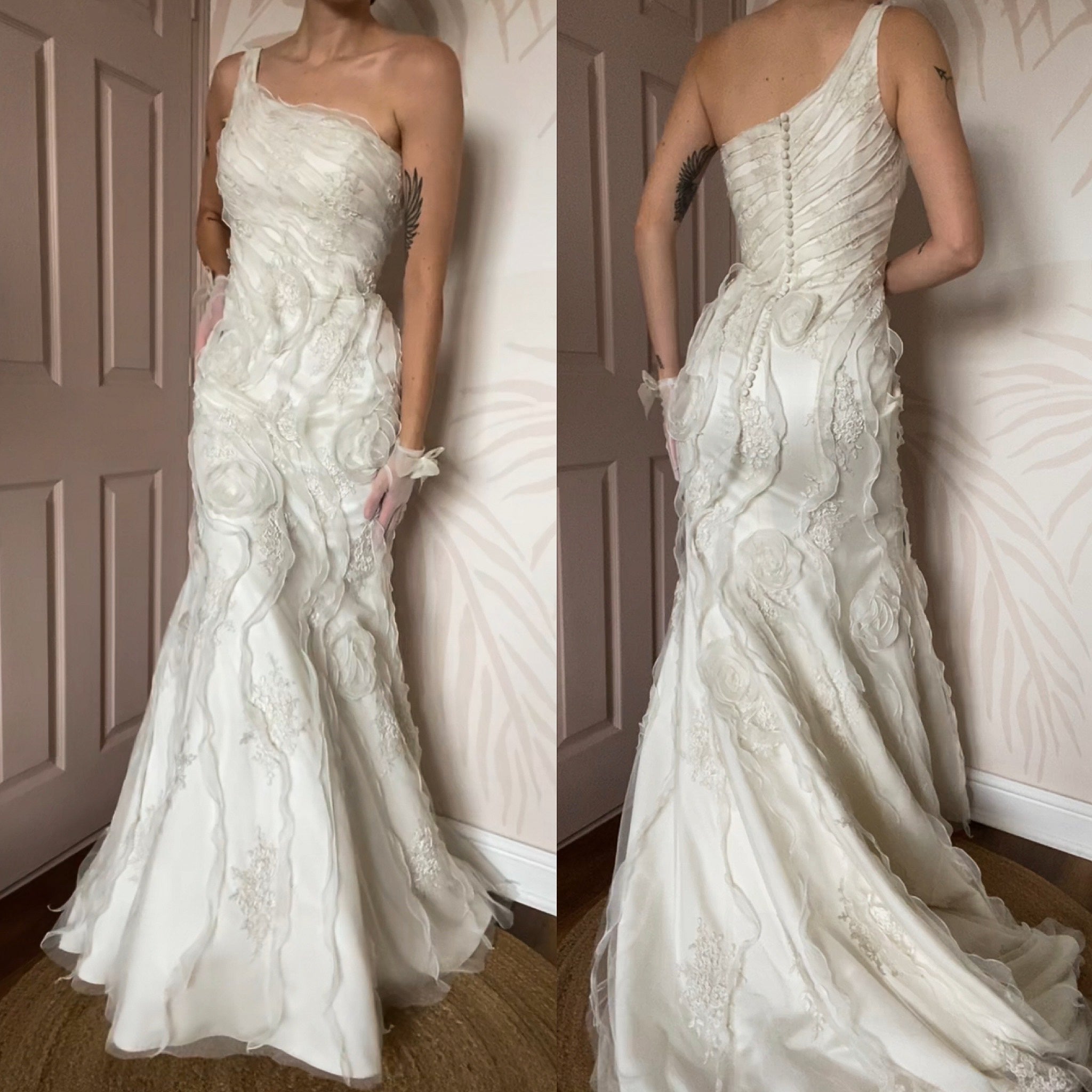 One shoulder lace wedding dress UK 12 – Scum Vintage