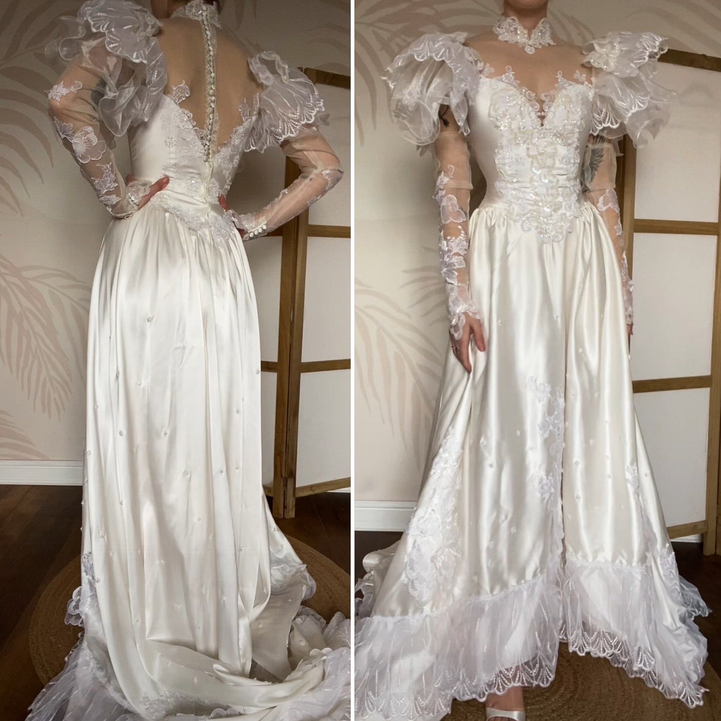 80s lace satin wedding dress with removable sleeves UK 10
