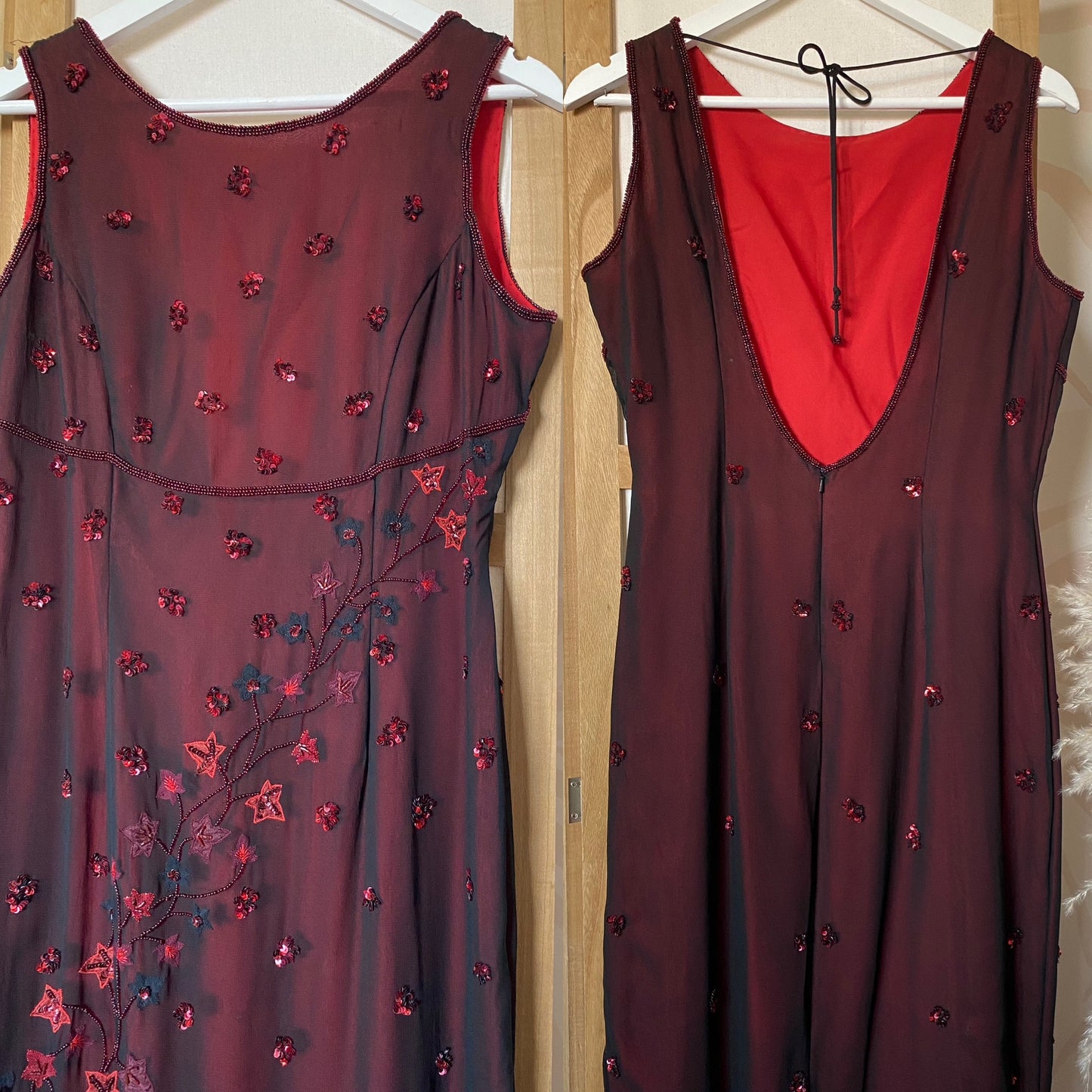 Red & black beaded open back evening dress uk 14