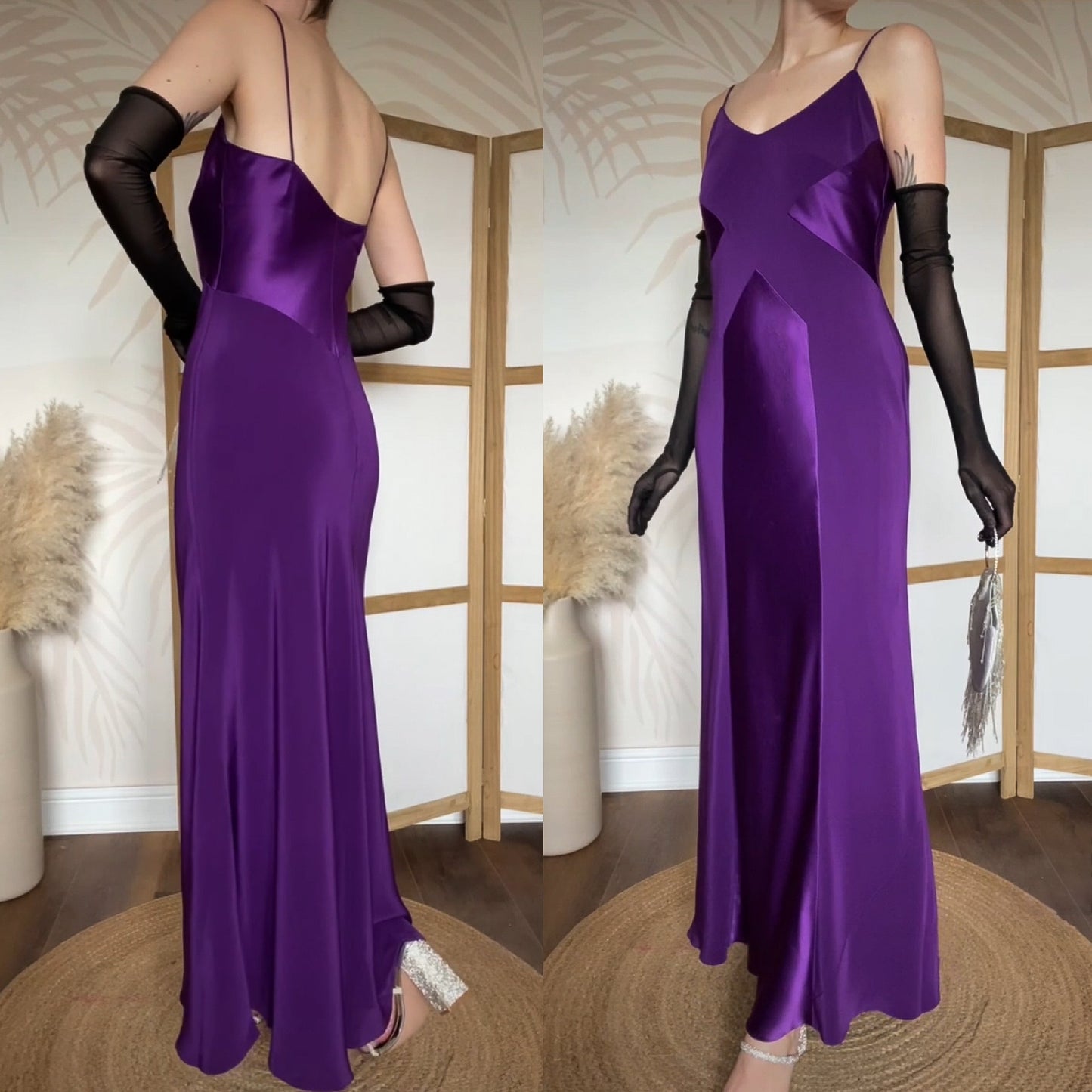 Purple satin panel slip evening gown UK 10-12