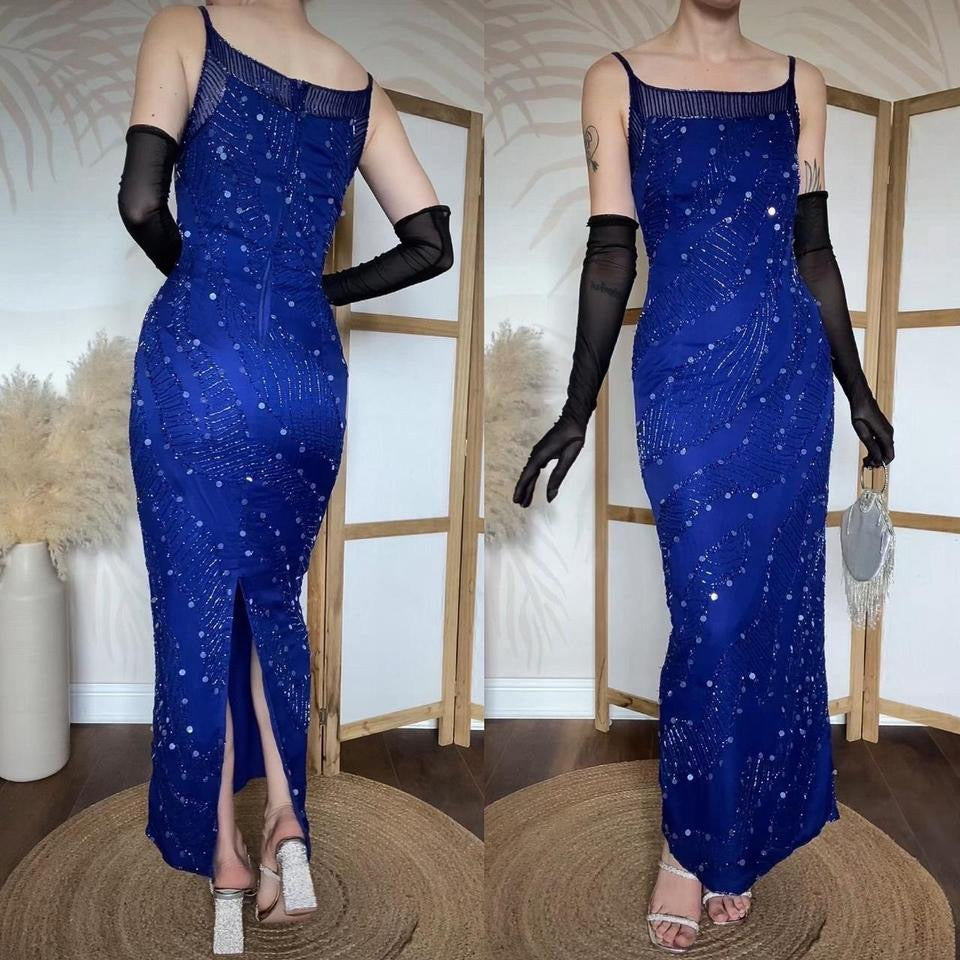 Electric blue 100% silk bead/sequin evening dress uk 8-10
