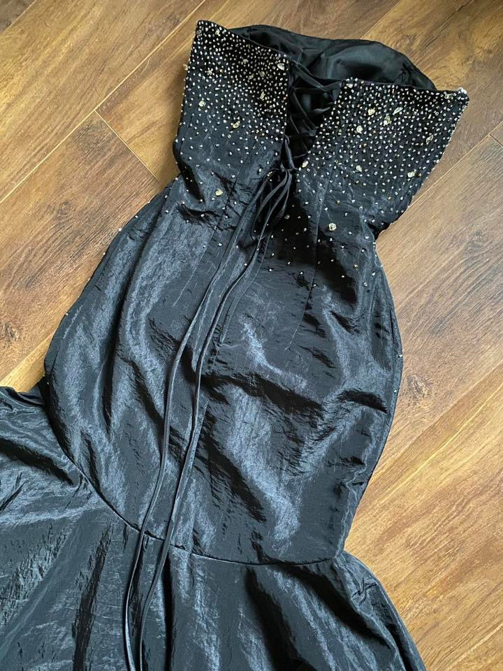Black beaded strapless lace back prom dress uk 6