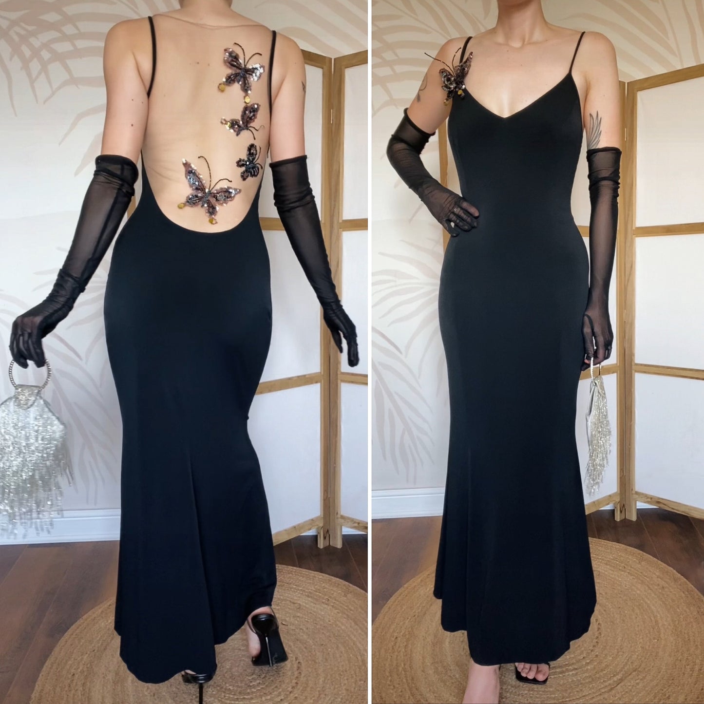 John Charles vintage y2k black butterfly evening gown UK 12 & 14