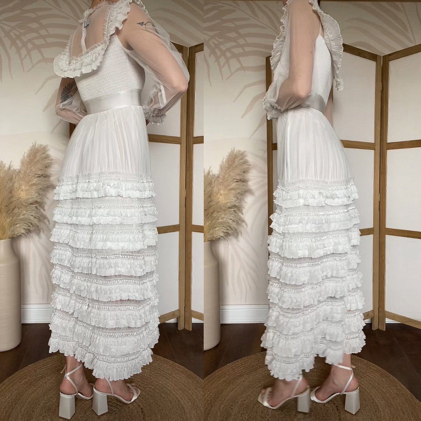 White frilly long sleeve lace wedding dress uk S/8-10