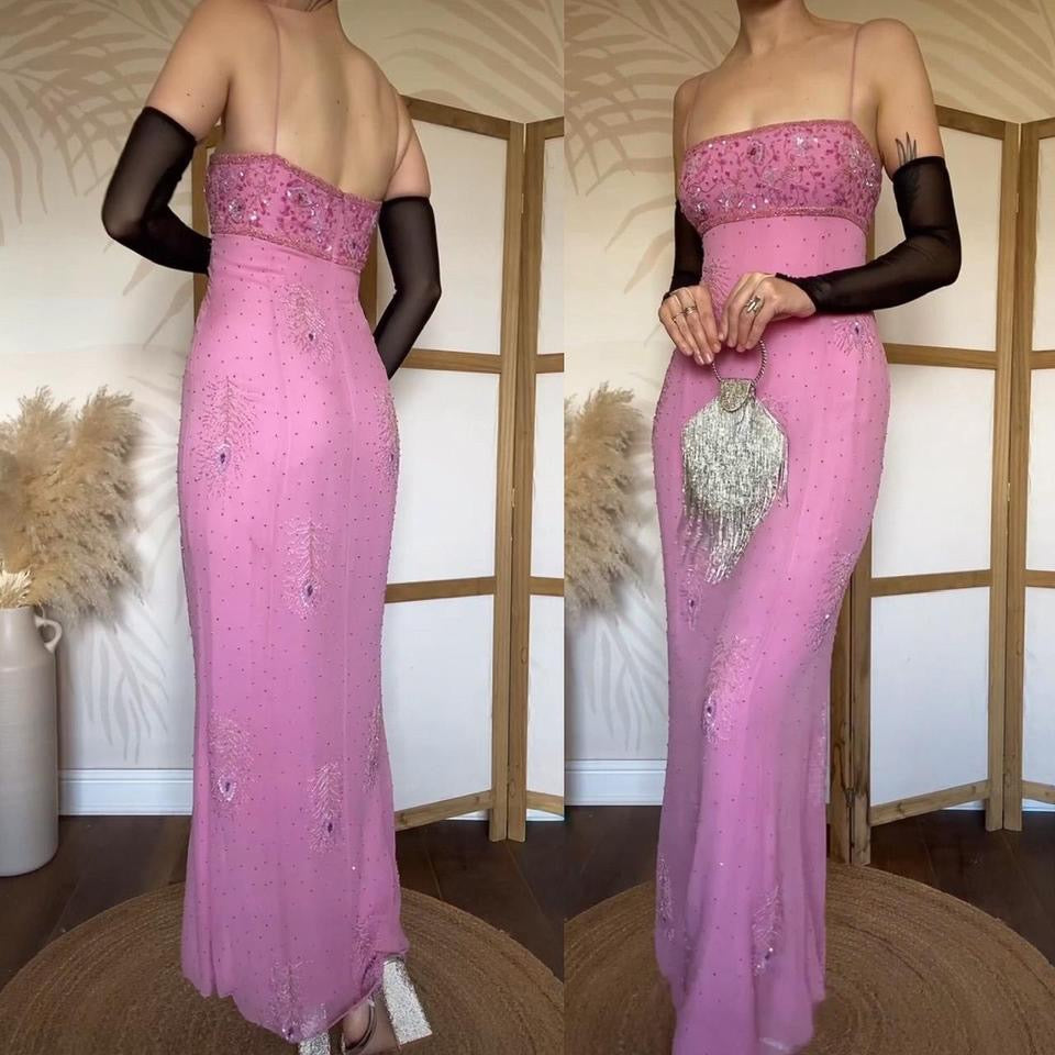 Baby pink 100% silk beaded evening dress uk 12-14