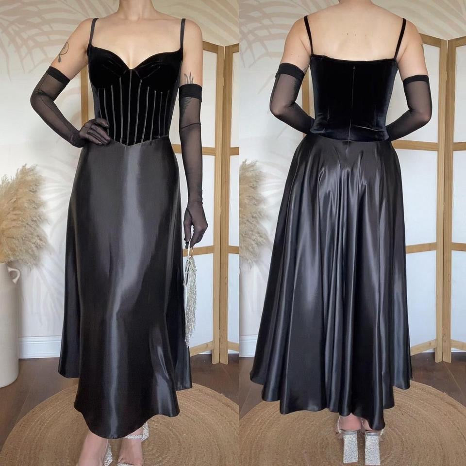 Simon Ellis black velvet/satin midi dress uk 10-12