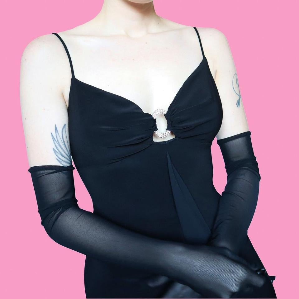 Black 90s stretch frill slip dress UK 12-14