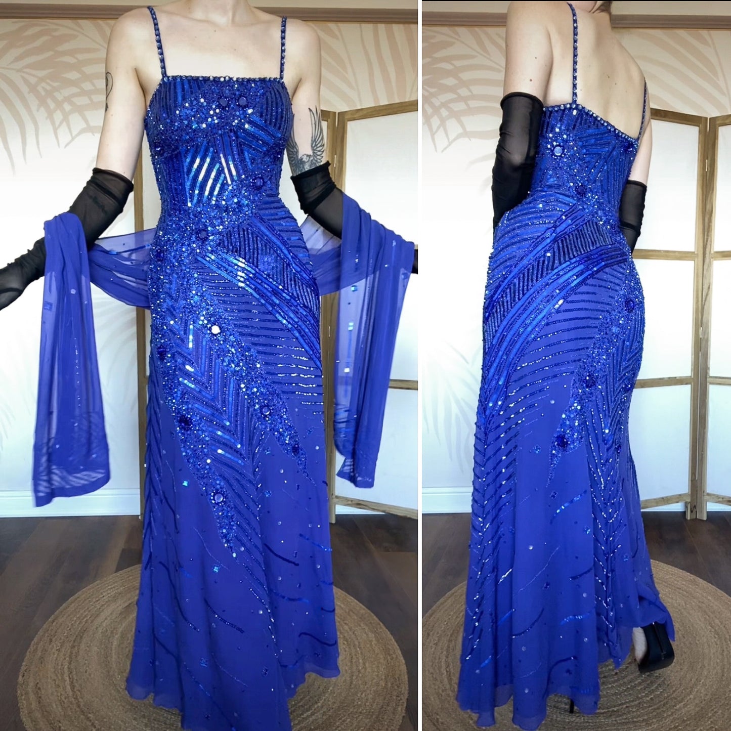 Frank Usher 100% silk beaded blue evening dress & shawl UK 12