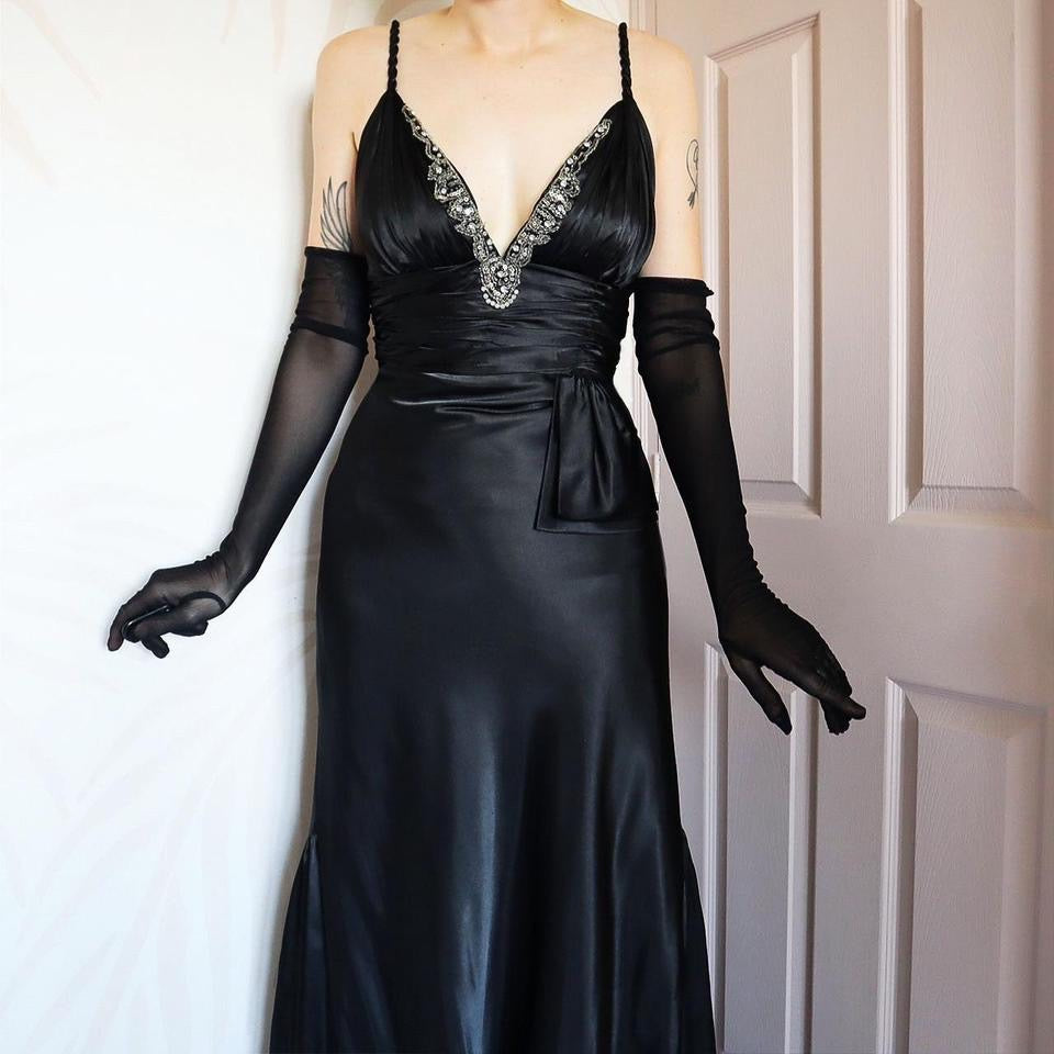 Dave & Johnny 90s Black Satin Evening Gown Prom Dress UK Size 8, 10 & 14