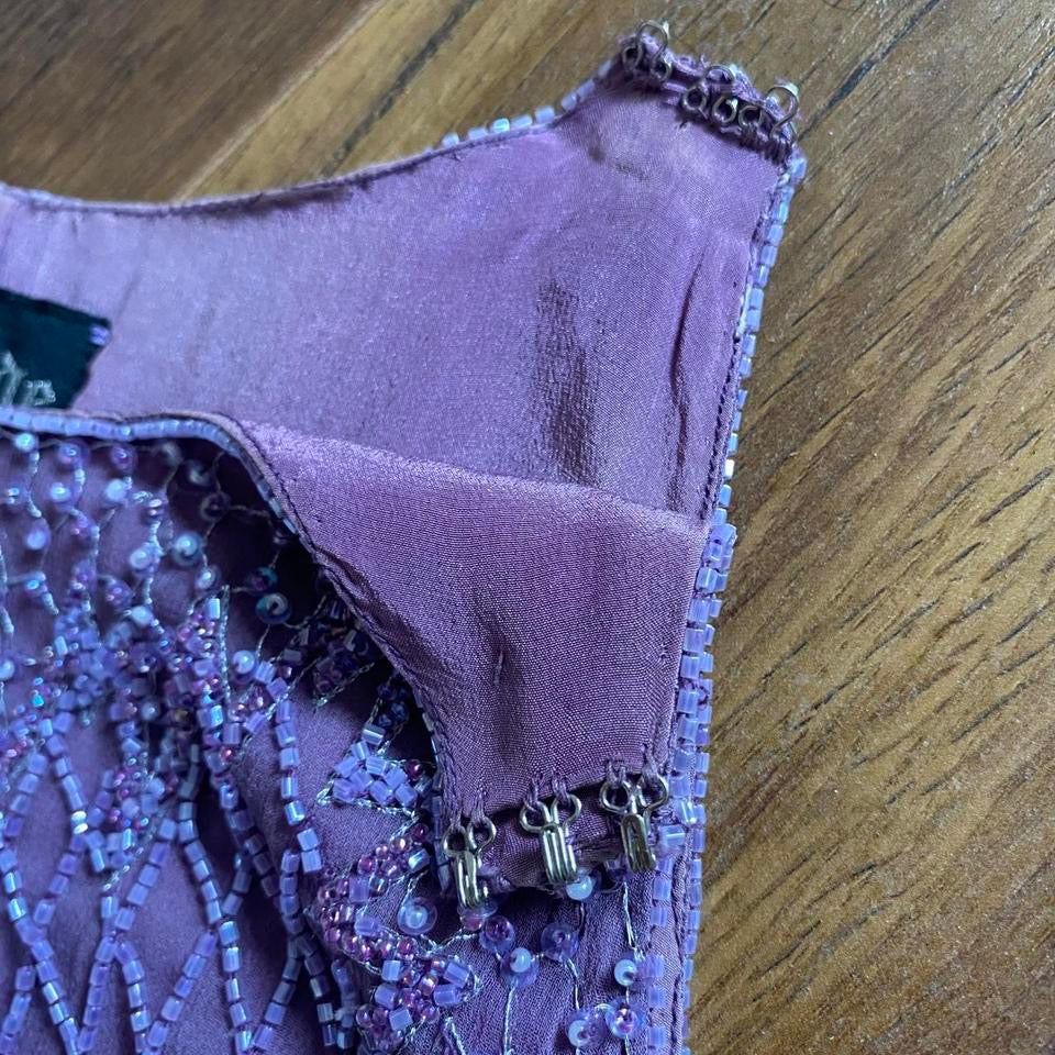 Purple 100% silk beaded evening dress uk 10-12