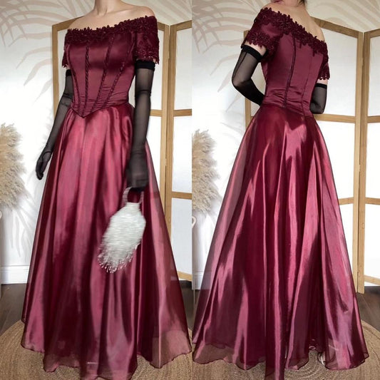 Burgundy off shoulder a-line prom dress uk 14