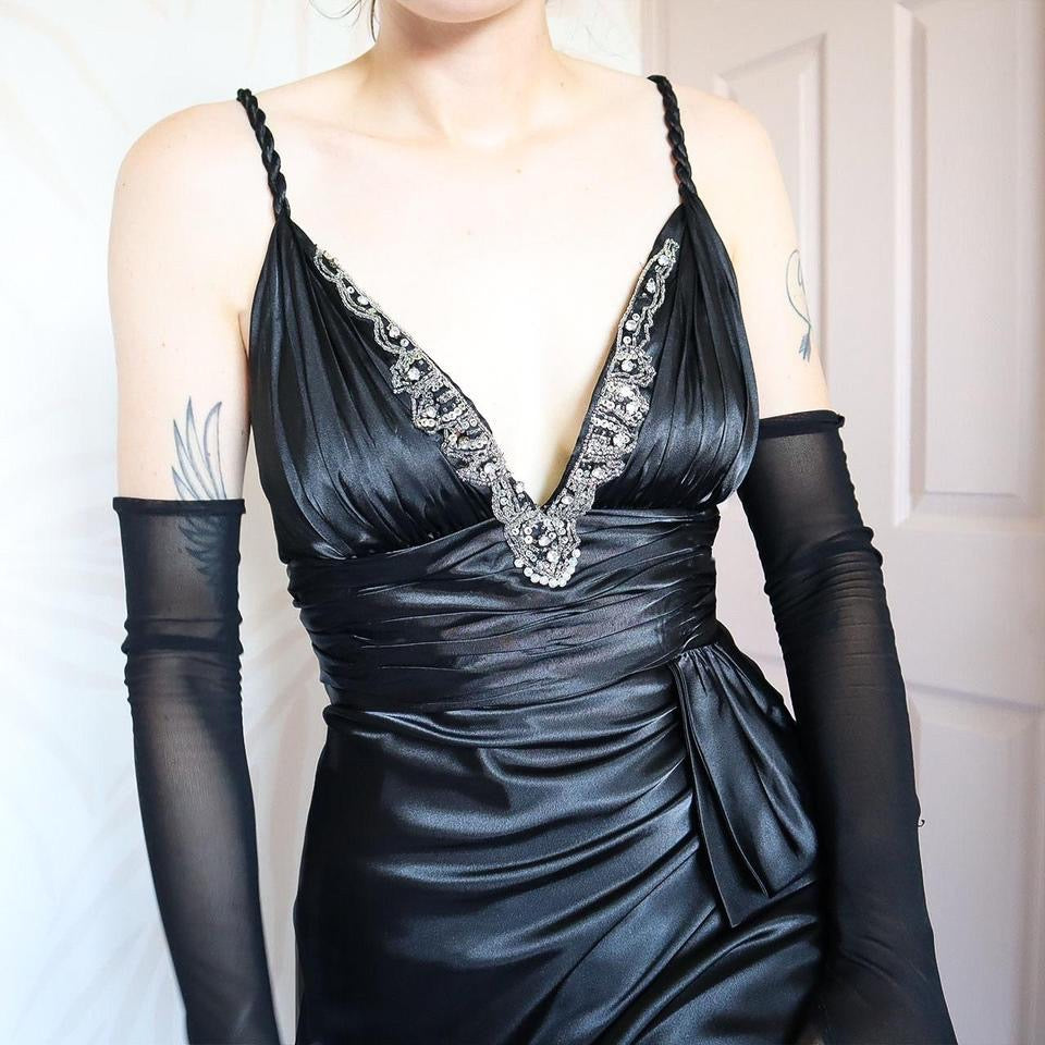 Dave & Johnny 90s Black Satin Evening Gown Prom Dress UK Size 8, 10 & 14