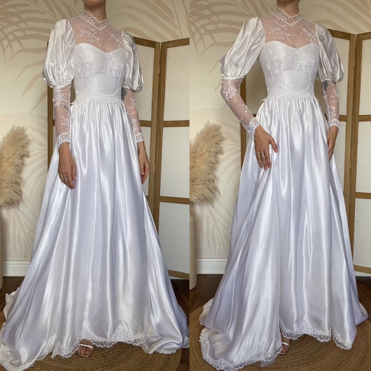 White satin & lace 80s wedding dress UK 6/XS