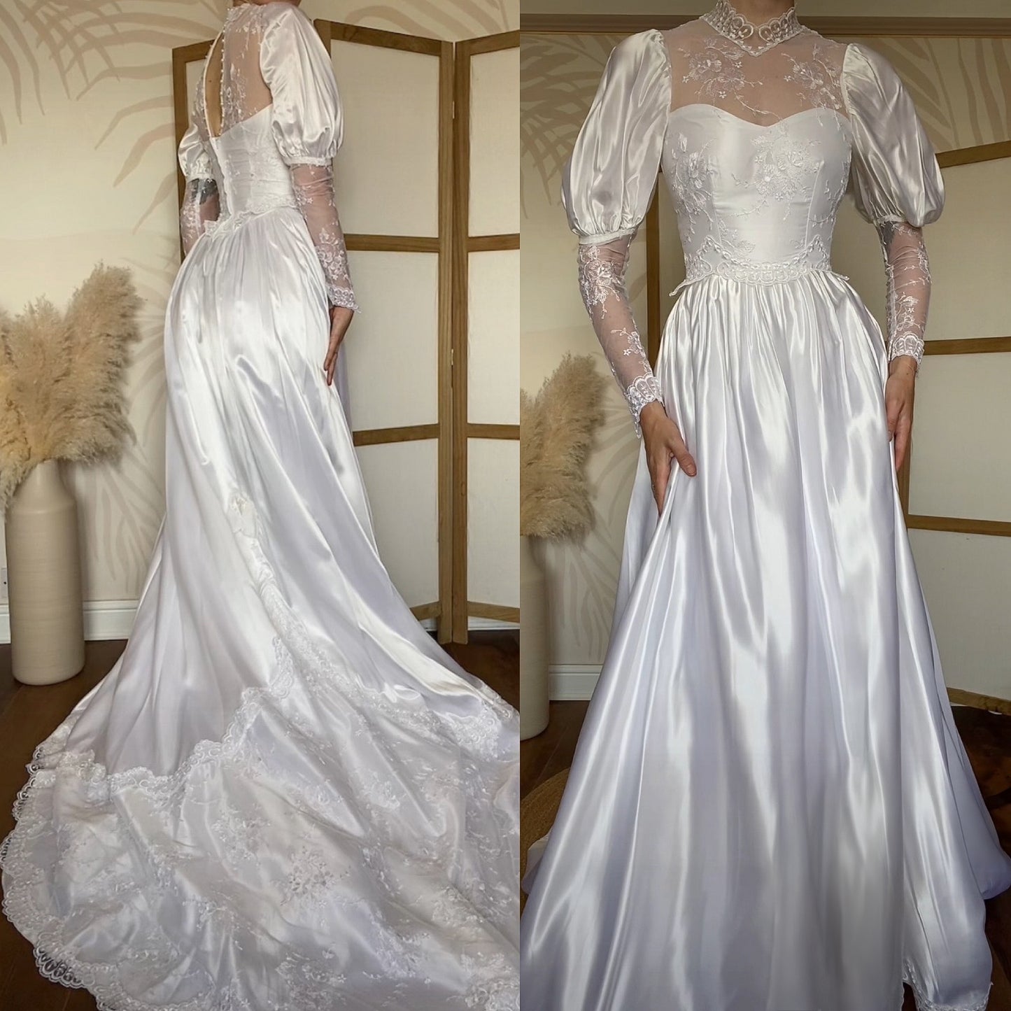 White satin & lace 80s wedding dress UK 6/XS