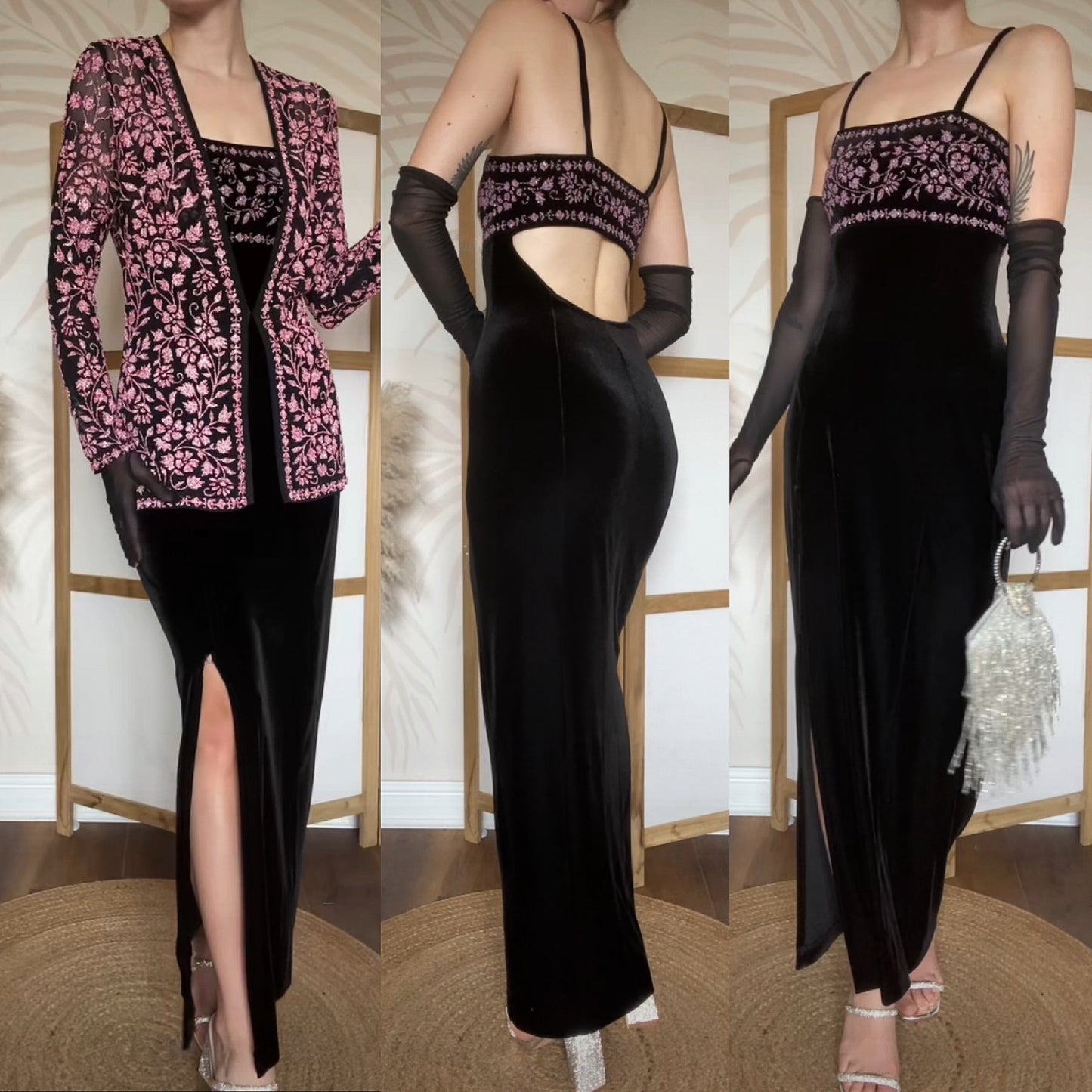 Tadashi black & pink beaded 2 piece dress and jacket uk 12