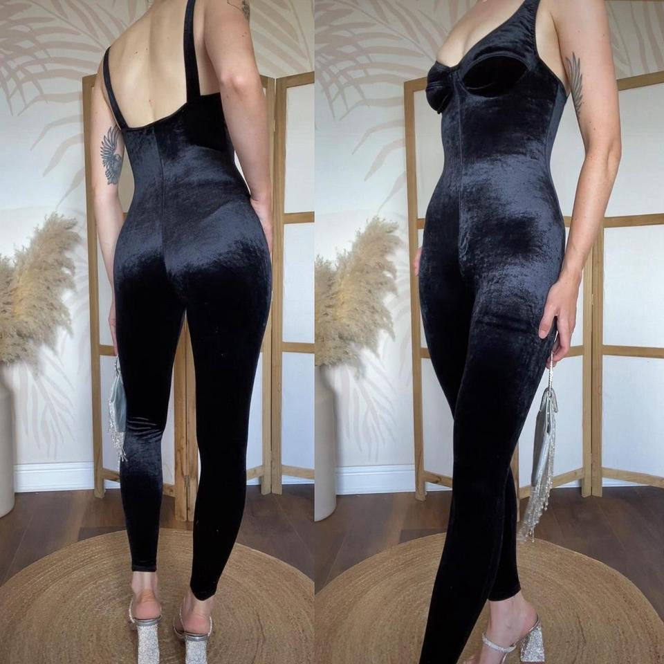 Black velvet stretch bodycon jumpsuit uk 6/8