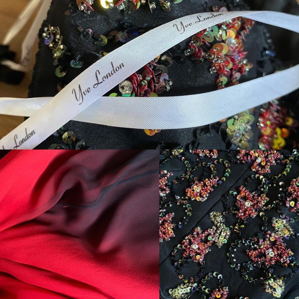 Red & black YVE London silk strapless gown UK 10