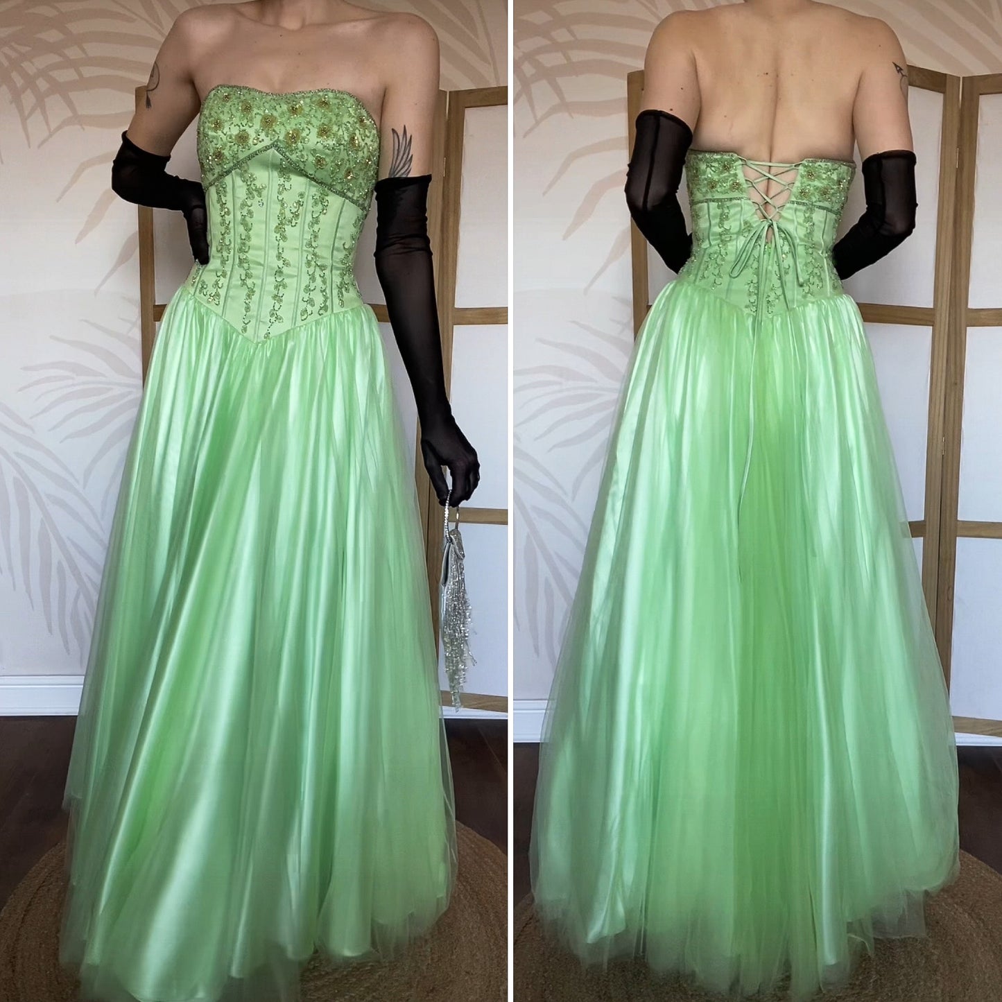 Bright green Tiffany Bling strapless a-line beaded prom dress UK 8