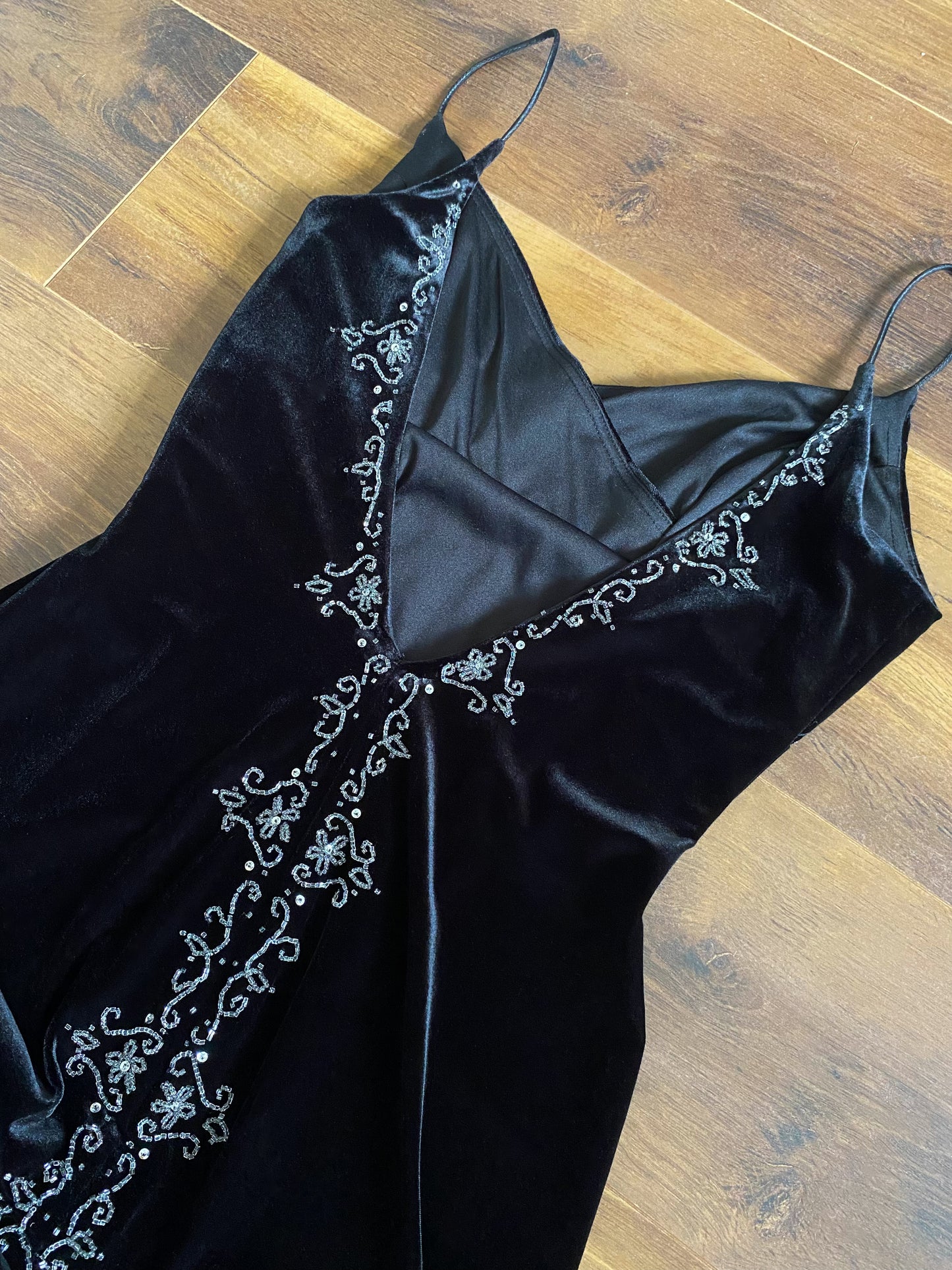 Petite black velvet beaded evening dress uk 12