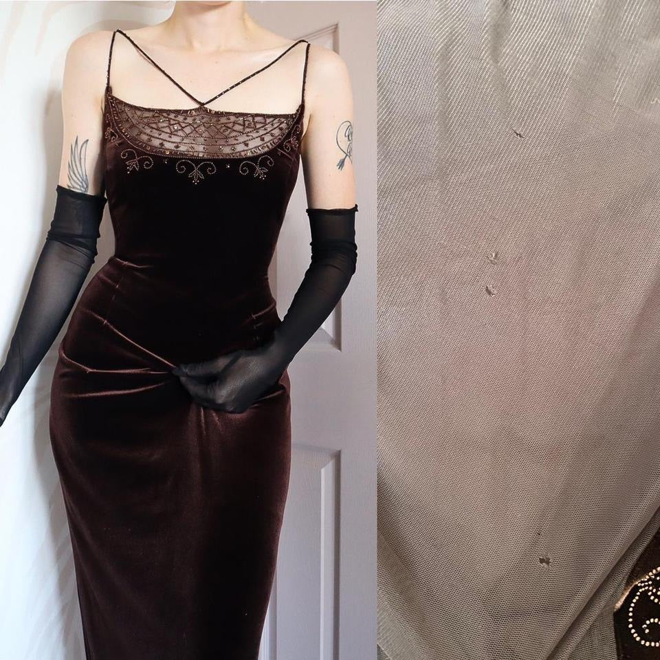 Vintage 90s Dave & Johnny Brown Velvet Beaded Evening Gown UK Size 16