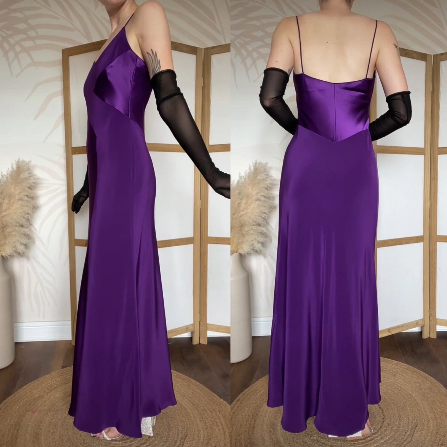 Purple satin panel slip evening gown UK 10-12