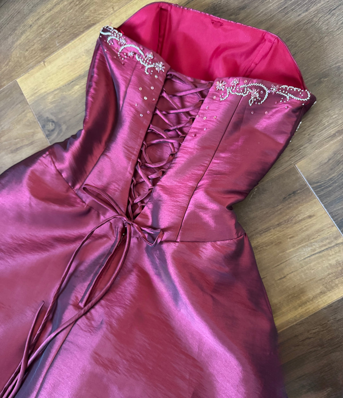 Red taffeta strapless a-line prom dress uk 10