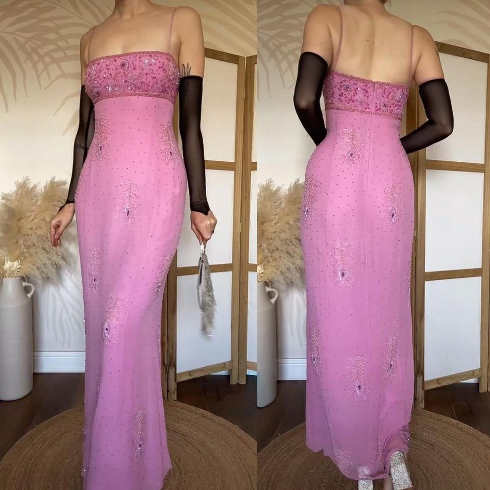 Baby pink 100% silk beaded evening dress uk 12-14
