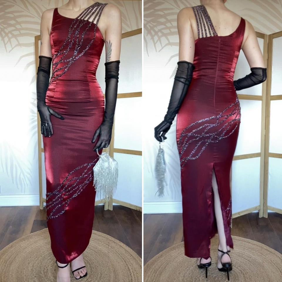 YVE London silky red beaded evening dress UK 6-8