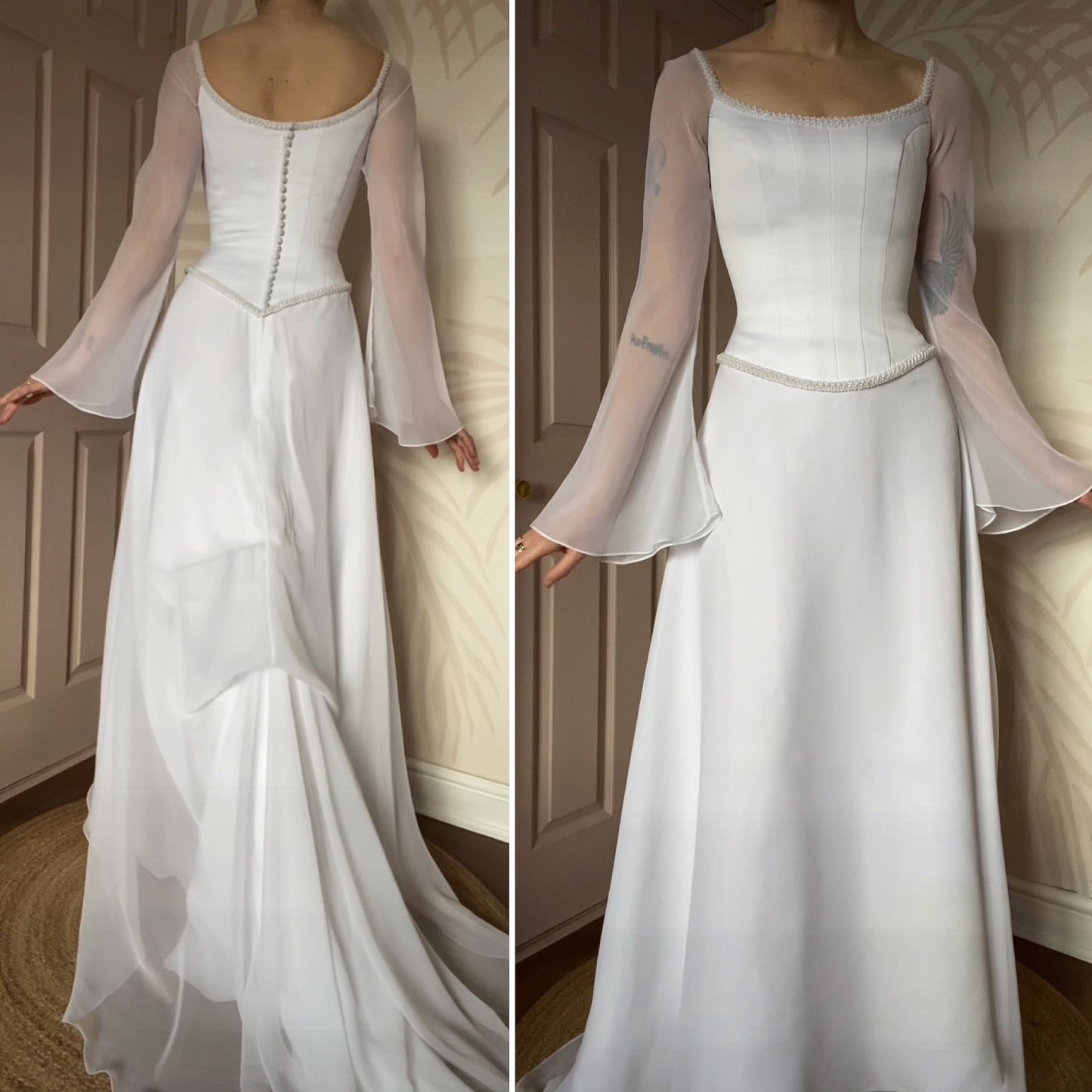 Vintage white long sleeve wedding gown UK 8
