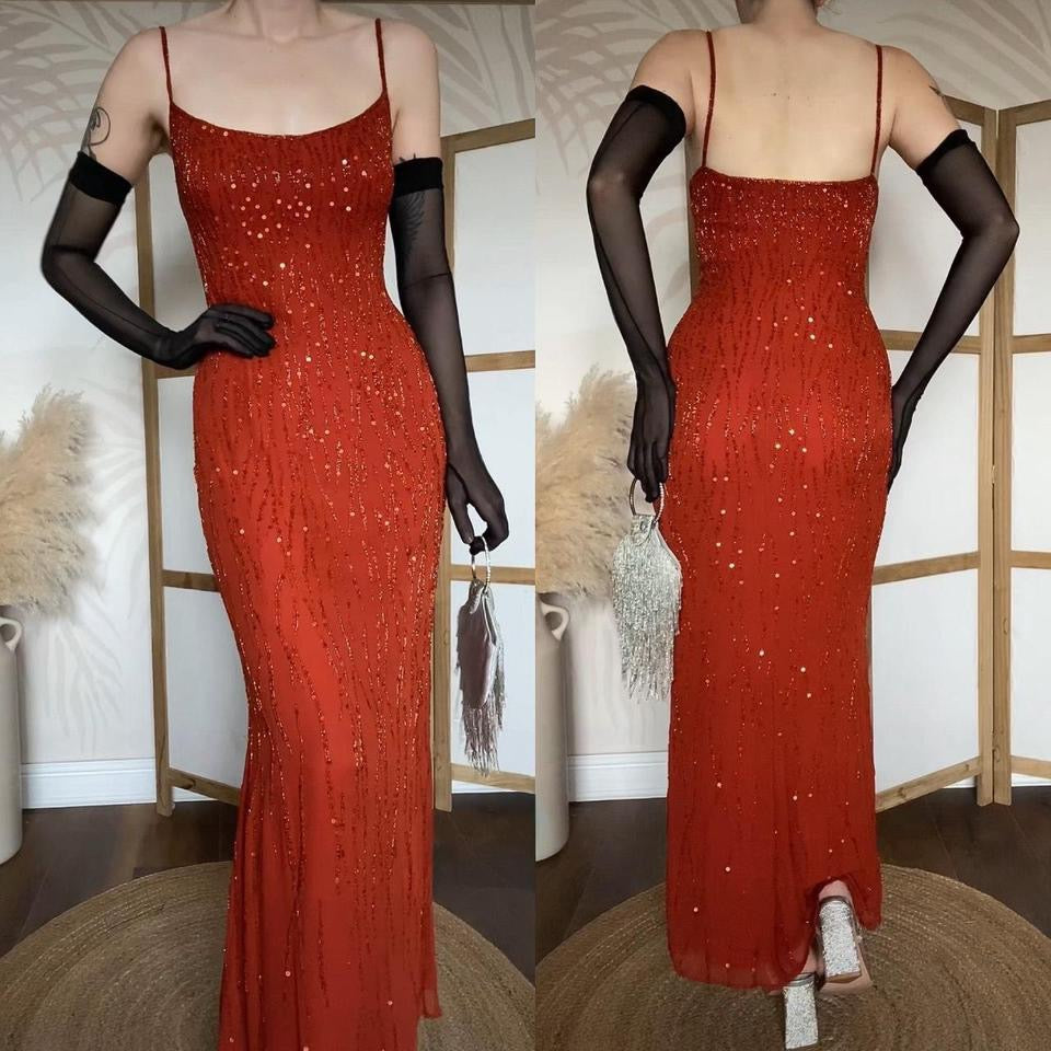 Burnt orange 100% silk beaded/sequin evening dress uk 12-14