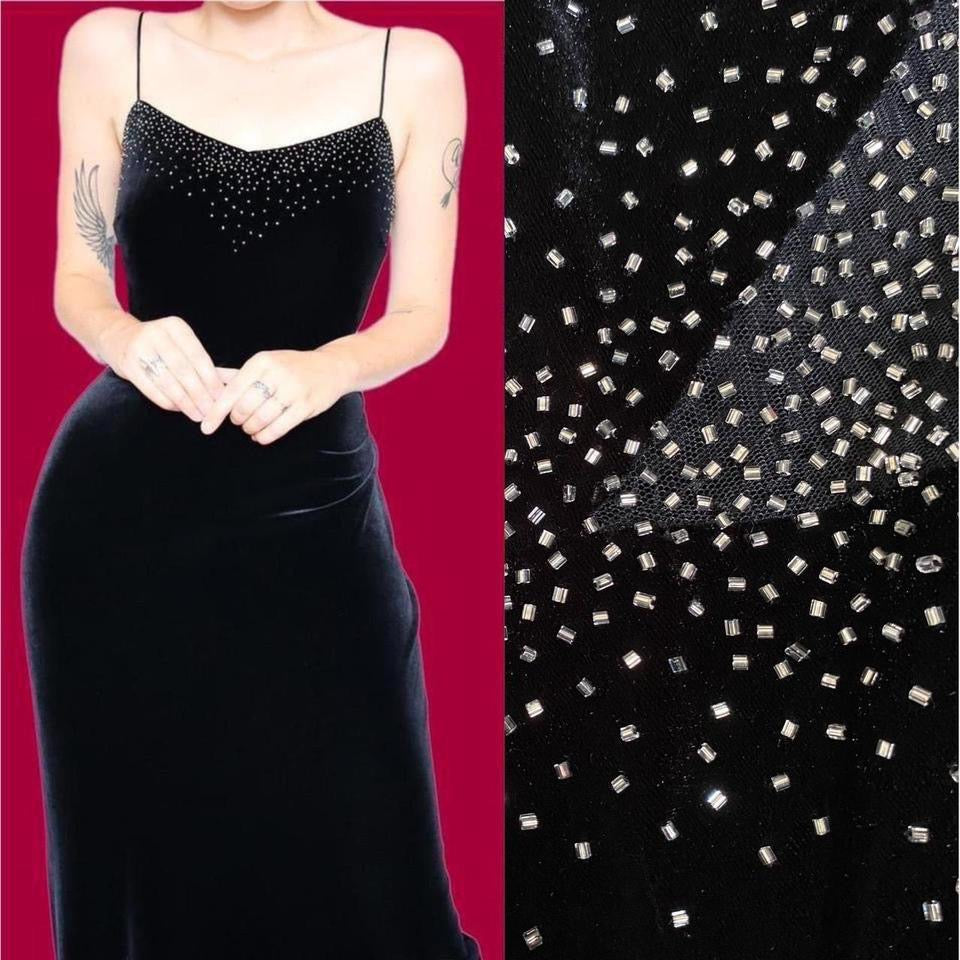 Black 90s Dave & Johnny velvet beaded stretch evening dress UK 8-10