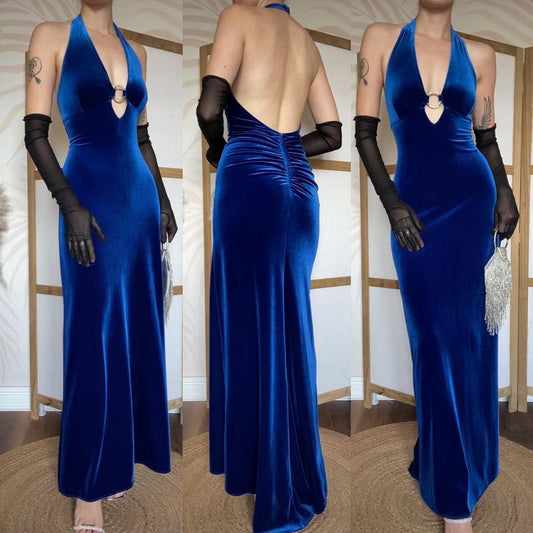 Zum Zum blue velvet halter-neck evening dress uk 12
