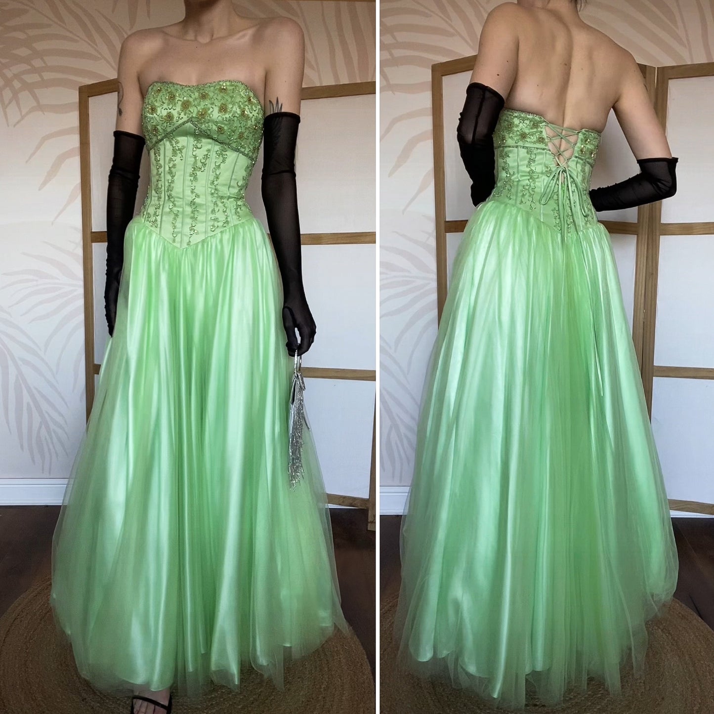 Bright green Tiffany Bling strapless a-line beaded prom dress UK 8
