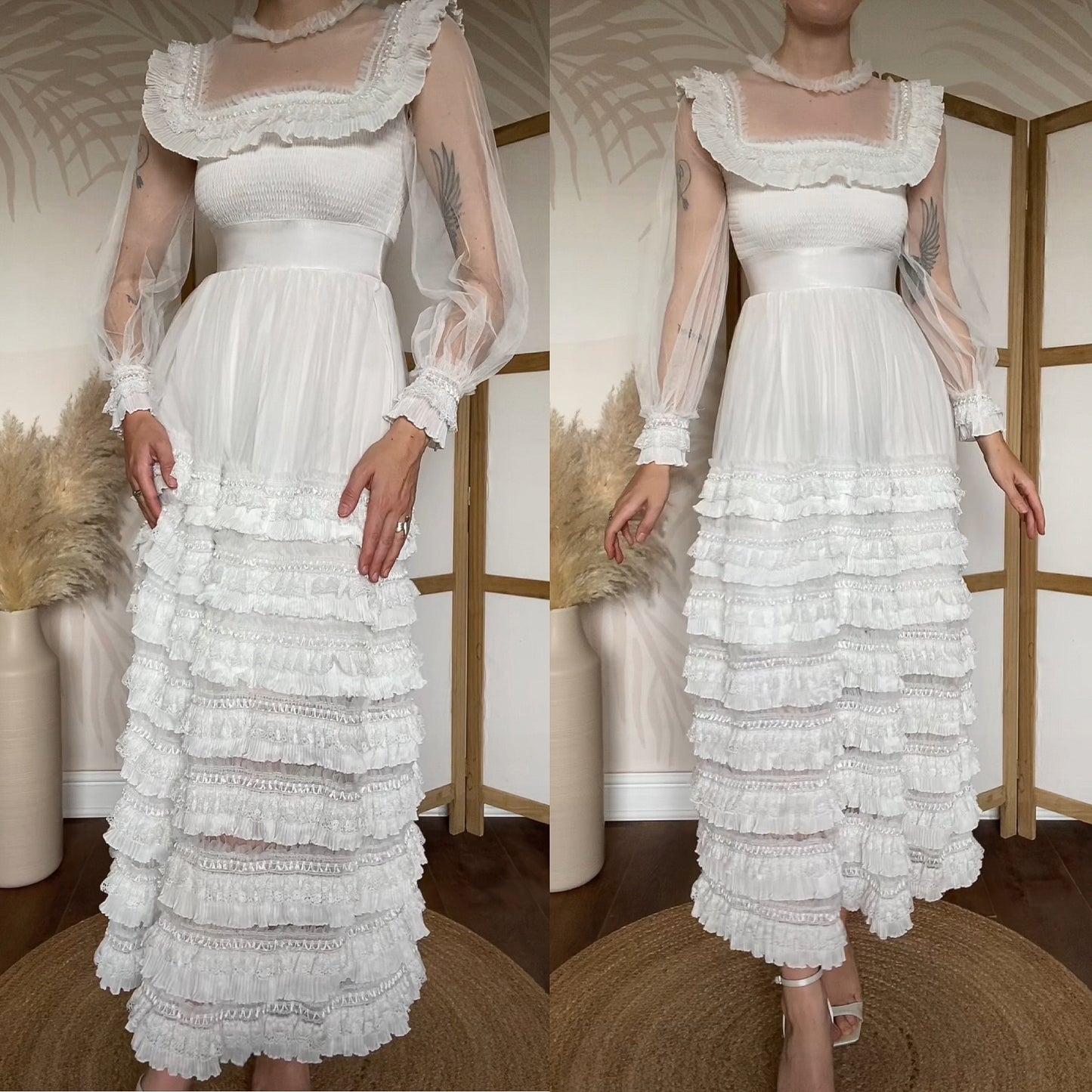 White frilly long sleeve lace wedding dress uk S/8-10